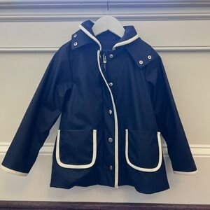 Jacadi Navy Blue Hooded Raincoat with White Trim